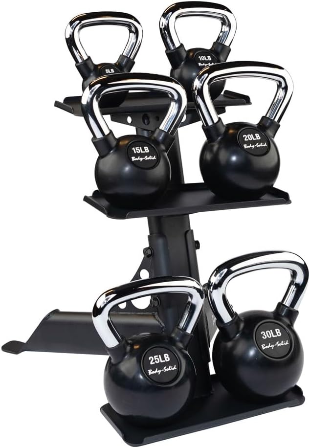 Body-Solid (GDKR50B) 3-Tier Kettlebell Rack - Compact, Durable Kettlebells Weight Stand for Home Gym, Fits 5-50 lb Kettle bells