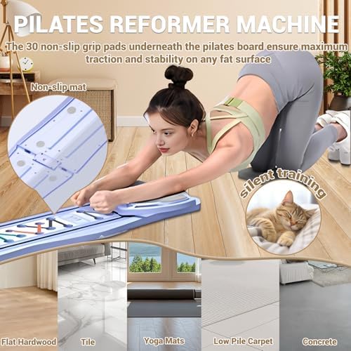 Foldable Pilates Board with Mat, Bar, Slider & Resistance Bands - Portable Reformer Machine Kit for Home, Gym & Office Workouts - Multifunctional Equipment for Women