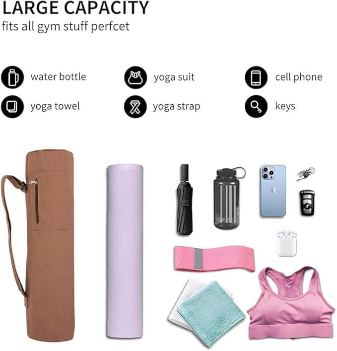 Cotton yoga mat bag with Pockets and Adjustable Strap - Full Zip Cargo Yoga Mat Carrier Bag - Bag for 1/4" 1/3" Thick Yoga Mat