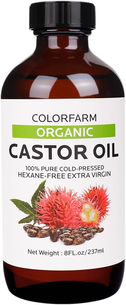 Cold Pressed Organic Castor Oil: Nourishing Treatment for Hair and Skin - 100% Pure and Natural Unrefined Hexane-Free Glass Bottle 8Fl Oz