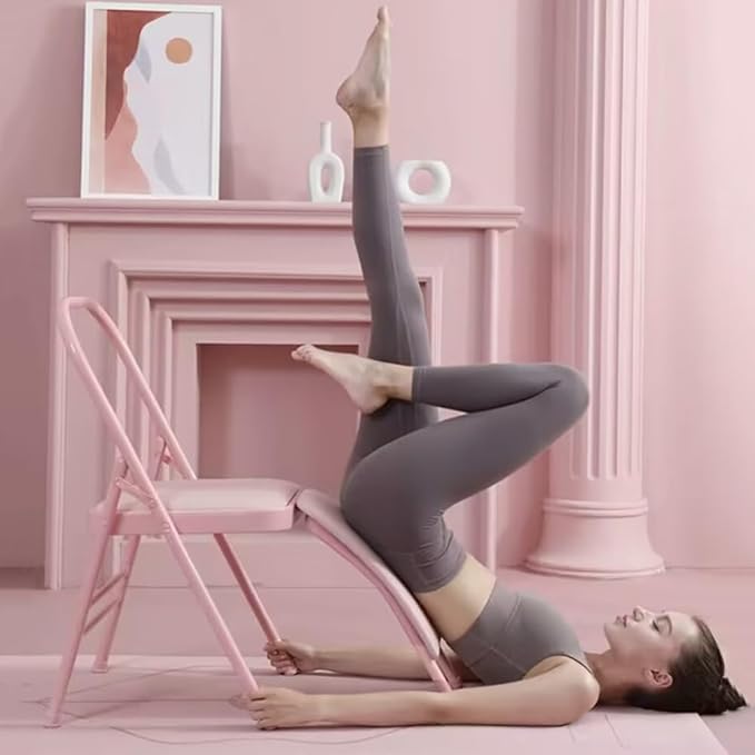 Pilates Yoga Chair,Professional Iyengar Auxiliary Chair,Hardened Thick Yoga Folding Chair,Solid Anti-Slip,Foldable and Portable Backless Chair,Pink- Yoga Chair (with Waist Drag)