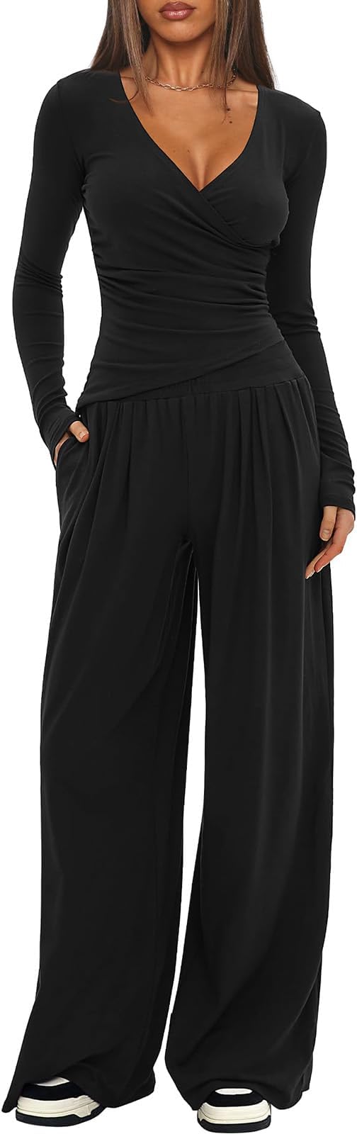 Womens 2 Piece Outfits Pilates Yoga Long Sleeve Tops Wide Leg Pants Sets Sexy Fashion Workout Outfits Casual Clothes