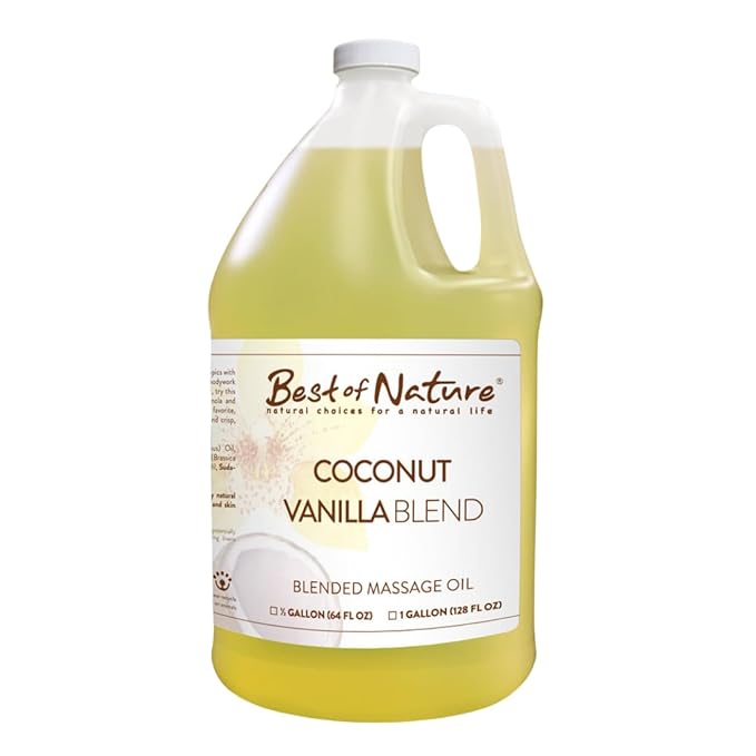 Best of Nature Coconut Vanilla Massage Oil – Gallon Massage Oil for Massage Therapists, Professional Body Oil for Massage, Smooth Glide, Light Scent, 64 fl oz
