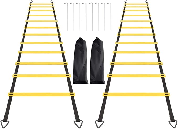 12 Rungs Agility Ladder Set, Training Ladder with Steel Stakes and Carry Bag for Soccer, Speed Fitness Feet Training