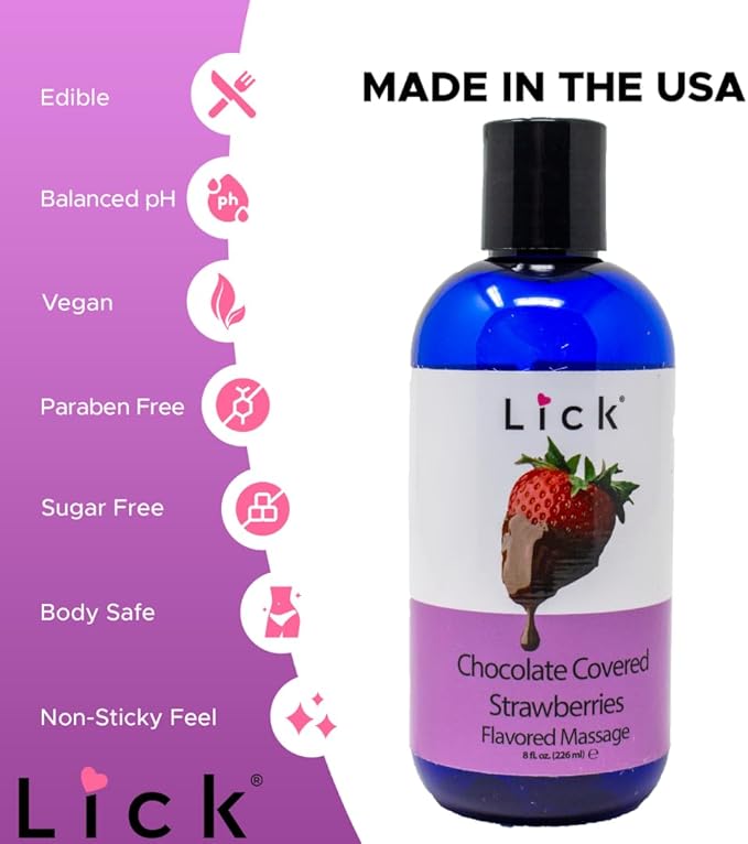Lick Chocolate Covered Strawberries Massage Oil – Gourmet Dessert Edible Massage Oil with Almond Oil & Vitamin E, Luxurious Glide for Romantic Couples Massage, 8 oz