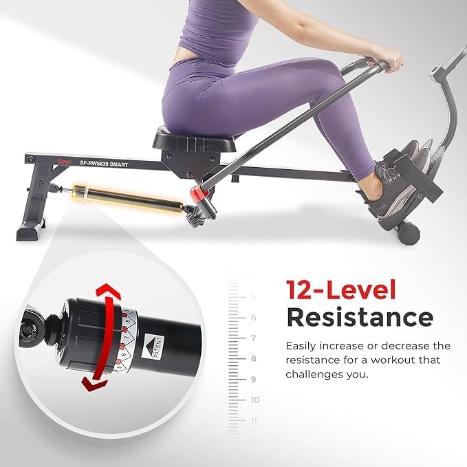 Sunny Health & Fitness Full-Motion Rowing Machine w/Adjustable Resistance, Low-Impact Full-Body Workout Rower w/Long Slide Rail, Space-Saving Design, Free SunnyFit App Connection