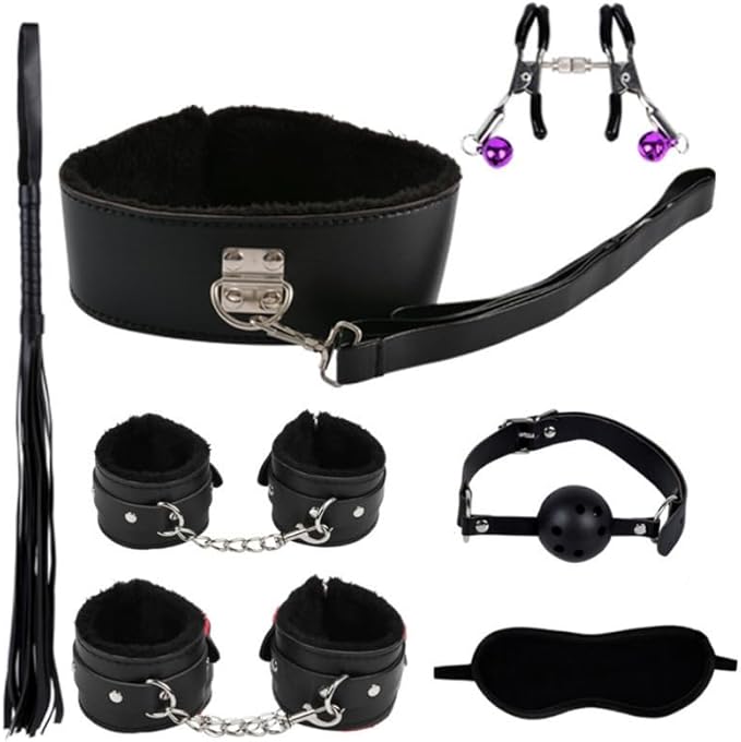 Pilates 7-Piece Plush Leather Yoga Black Set with Comfortable Clip Eye Mask Whip Hand and Foot Fun Accessories, Portable Fitness, Couple Gift