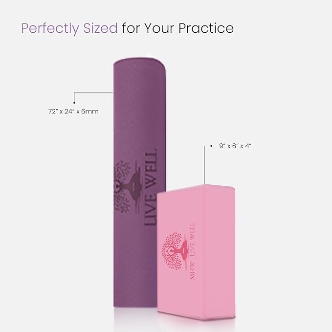 LIVE WELL Yoga Set for Women: 6mm Thick TPE Yoga Mat + 2 EVA Blocks, Pink - Best Yoga Mat, Exercise Mat for Home Gym