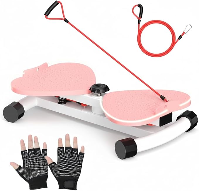 Pink Waist Twister Machine & One Pair Gloves, Ab Workout Equipment With 300lbs, Adjustable twist board for exercise,Home Abs Exercise Equipment for Women/Men