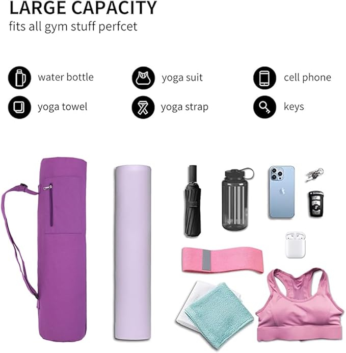 Cotton yoga mat bag with Pockets and Adjustable Strap - Full Zip Cargo Yoga Mat Carrier Bag - Bag for 1/4" 1/3" Thick Yoga Mat