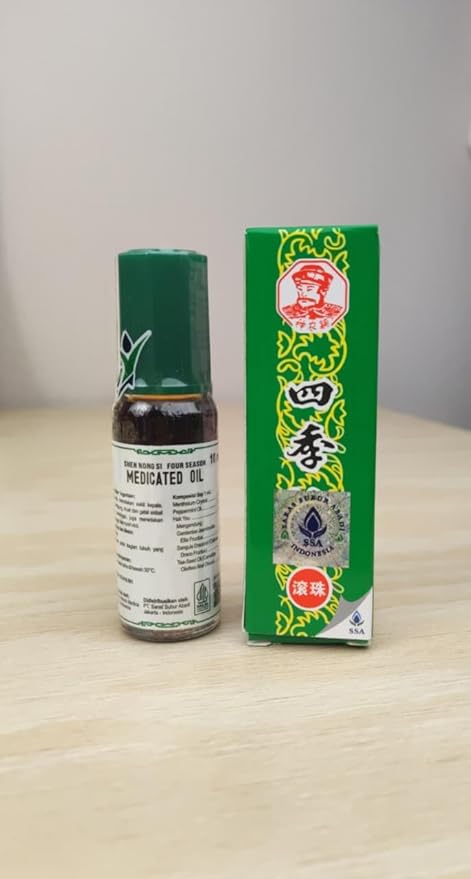 Four Season (Shen Nong Si) Medicated Oil Roll On 10 ml, Traditional Asian Therapeutic Massage Oil, Classic Aroma for Cold/Motion/Breathing/Skin/Stomach/Sore Reliefs