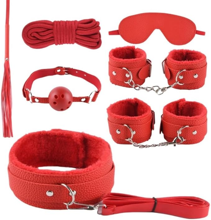 Fashion 7-Piece Plush Leather Pilates Training Set, Fun Wrist and Hip Exercise Cosplay Accessories [Red], Couple Gift