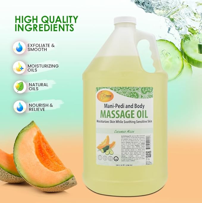 SPA REDI - Massage Oil, Cucumber and Melon, 128 Oz - Professional Full Body Massage Therapy, Made with Almond Oil, Cotton Seed Oil, Sunflower Oil, Avocado Oil, Essential Oils and Vitamin E