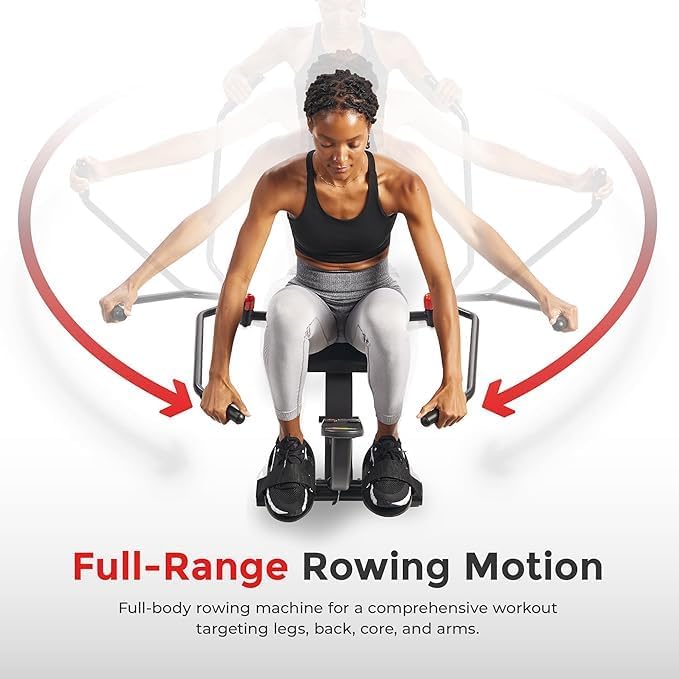 Sunny Health & Fitness Full-Motion Rowing Machine w/Adjustable Resistance, Low-Impact Full-Body Workout Rower w/Long Slide Rail, Space-Saving Design, Free SunnyFit App Connection