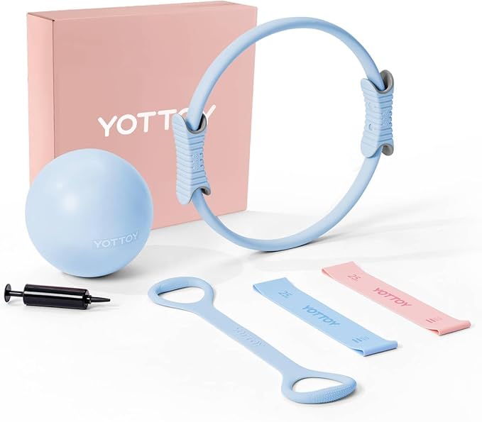 YOTTOY Pilates Ring and Ball Set, Figure 8 Resistance Bands, Stretch Bands&Guide,Pilates Equipment Set for Beginners for Home Workouts Core Strength, Yoga, Physical Therapy & Rehab