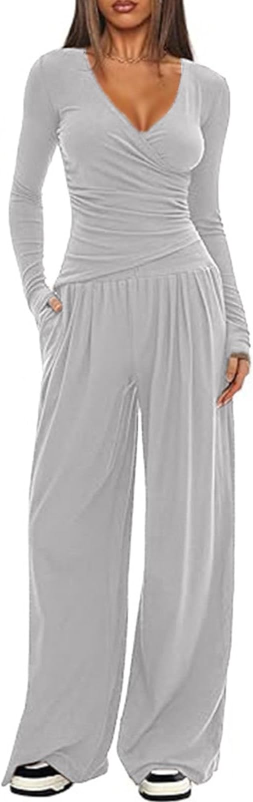 Womens 2 Piece Outfits Pilates Yoga Long Sleeve Tops Wide Leg Pants Sets Sexy Fashion Workout Outfits Casual Clothes