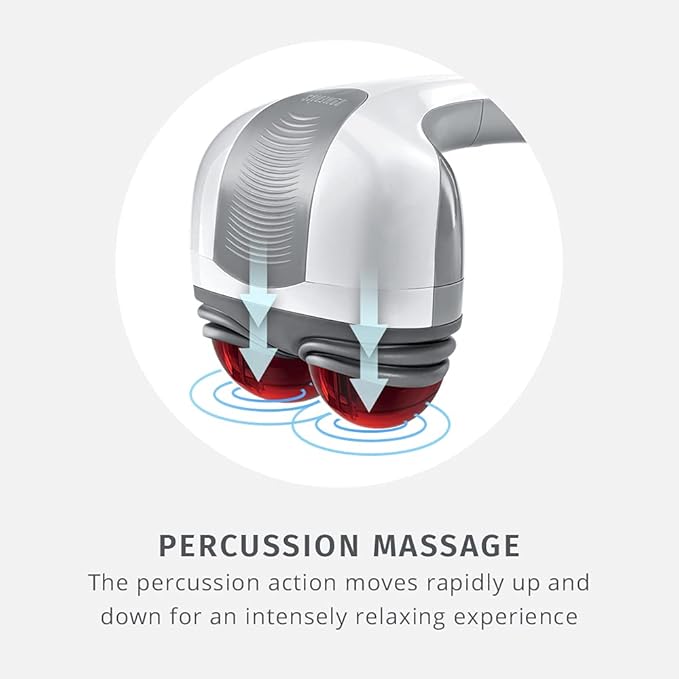 Homedics Back Massager - Heated Automatic Percussion Back, Body and Neck Massager with Dual Pivoting Heads, Interchangeable Nodes, for Shoulders, Legs and Feet, White