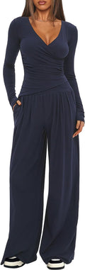 Womens 2 Piece Outfits Pilates Yoga Long Sleeve Tops Wide Leg Pants Sets Sexy Fashion Workout Outfits Casual Clothes