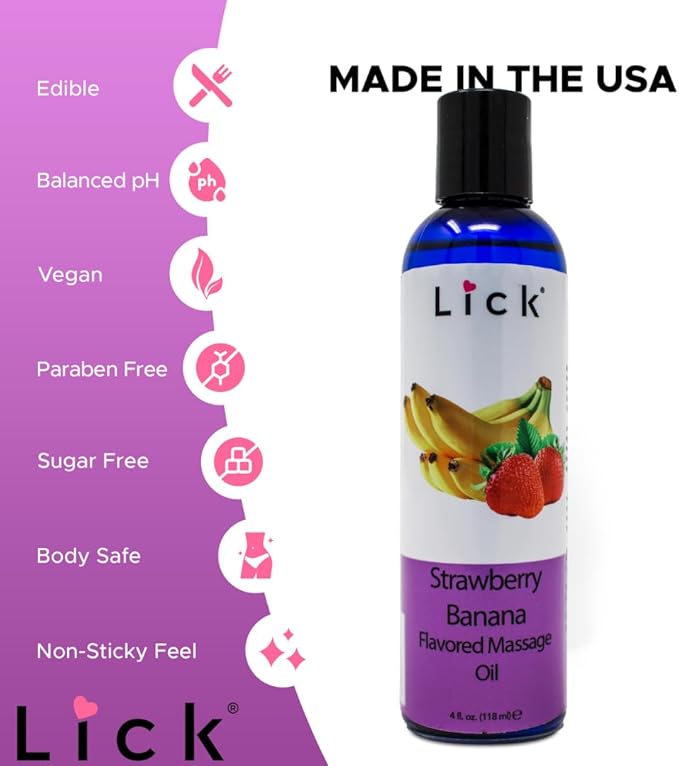 Lick Strawberry Banana Flavored Massage Oil – Sweet Creamy Fruit Edible Massage Oil with Vitamin E, Smooth Body-Safe Glide for Couples Massage & Relaxation, 4 oz