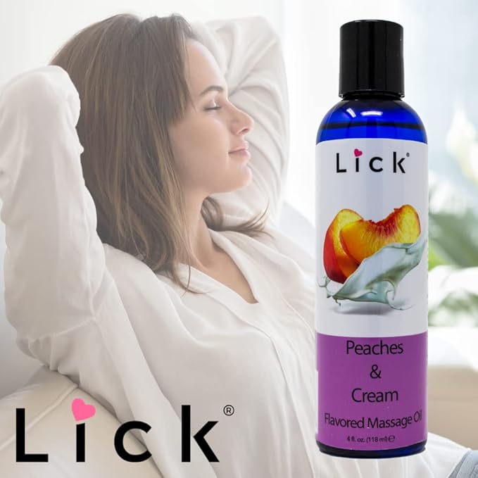 Lick Peaches and Cream Flavored Massage Oil – Sweet Dessert-Inspired Edible Massage Oil with Vitamin E, Smooth Body-Safe Glide for Couples Massage Nights, 4 oz