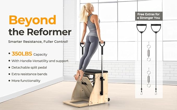 Upgrade Pilates Chair with Handles, Split Pedals, and Resistance Bands, Professional Yoga Chair for Home and Studio Use, Adjustable Resistance Levels