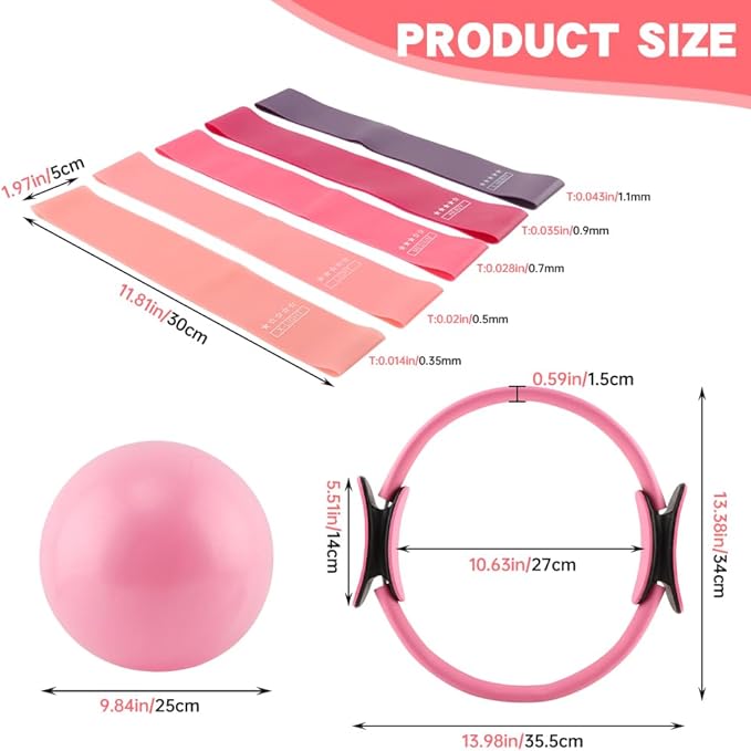 Pilates Ring and Ball Set with Resistance Bands, 14'' Circle Ring, 9.8” Pilates Ball and 5 Resistance Bands Home Workout Kit for Women Training Core, Full Body Exercise