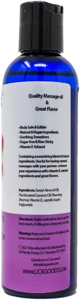 Lick Bubble Gum Flavored Massage Oil – Candy-Inspired Edible Massage Oil with Sweet Almond Oil & Vitamin E, Playful Smooth Glide for Couples Massage, 4 oz