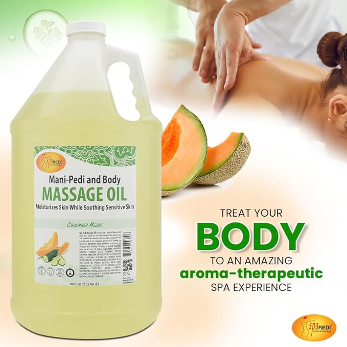 SPA REDI - Massage Oil, Cucumber and Melon, 128 Oz - Professional Full Body Massage Therapy, Made with Almond Oil, Cotton Seed Oil, Sunflower Oil, Avocado Oil, Essential Oils and Vitamin E