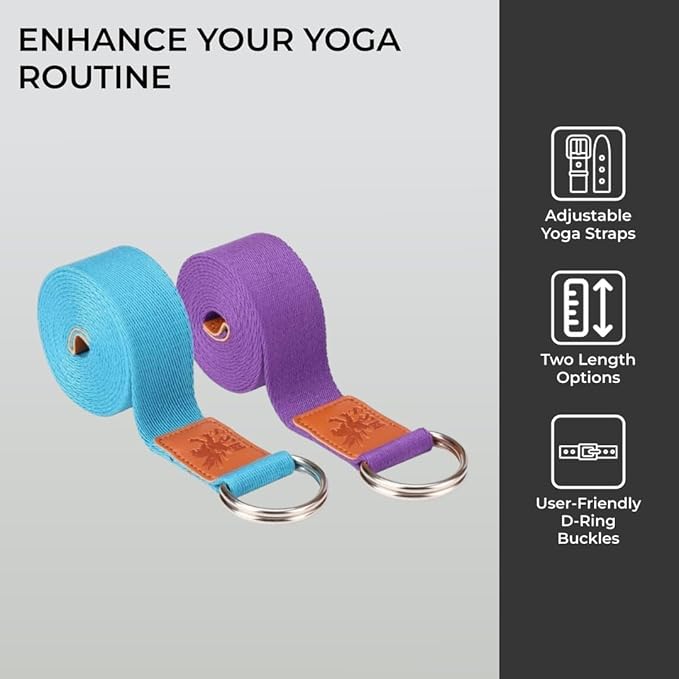 H&S Yoga Straps for Pilates & Gym Workouts - 1.85 and 2.45m Adjustable Strap for Yoga Stretching & Exercise - Extra Long Cotton Belts for Gymnastics Equipment for Home