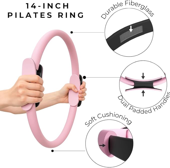 MOAV Premium Pilates Essentials Kit - 14" Ring with Cushioned Handles, Mini Ball with Pump, & 3 Durable Fabric Resistance Bands for Full Body Home Workouts