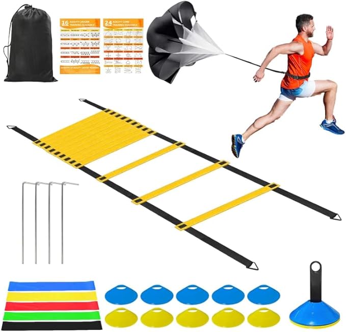Speed Agility Training Equipment Set - 20ft Agility Ladder, 10 Disc Cones, Resistance Parachute, 5 Resistance Bands & Carry Bag | Football Soccer Basketball Fitness Drills