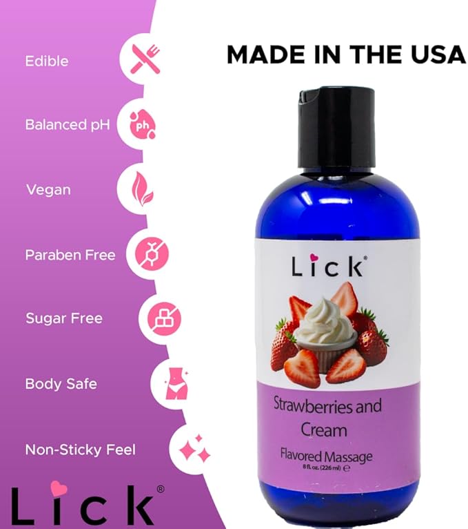 Lick Strawberries and Cream Flavored Massage Oil – 8 oz Edible Body Oil for Couples, Lightweight Formula for Glowing Skin