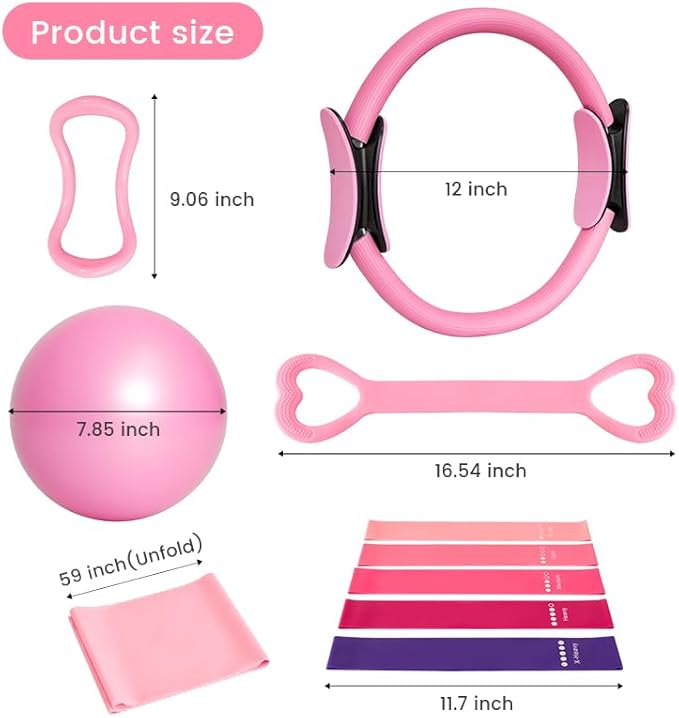 Complete Home Pilates Essentials Kit for Women - 13-Piece Pink Magic Circle Set with Resistance Bands, Yoga Ball, Stretch Strap & Gym Bag
