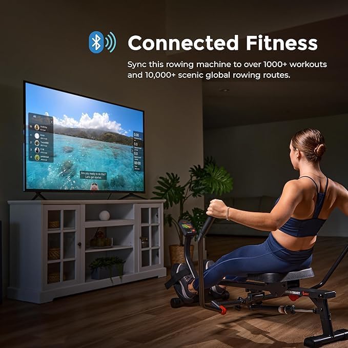 Sunny Health & Fitness Full-Motion Rowing Machine w/Adjustable Resistance, Low-Impact Full-Body Workout Rower w/Long Slide Rail, Space-Saving Design, Free SunnyFit App Connection