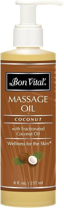 Bon Vital' Coconut Massage Oil, 8 Oz Bottle, 100% Pure Fractionated Coconut Oil for Dry Skin, Lightweight Non-Greasy, Neutral Scent, Non-Staining, for Massage Therapy & At-Home Use