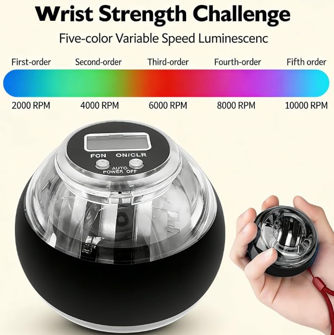 Torque ball,2026 Upgraded Wrist Ball Exerciser,Auto-Start Gyroscopic Forearm Exerciser,Hand Strengthening,Resistance,colored lights (No Counter Version,No Screen)