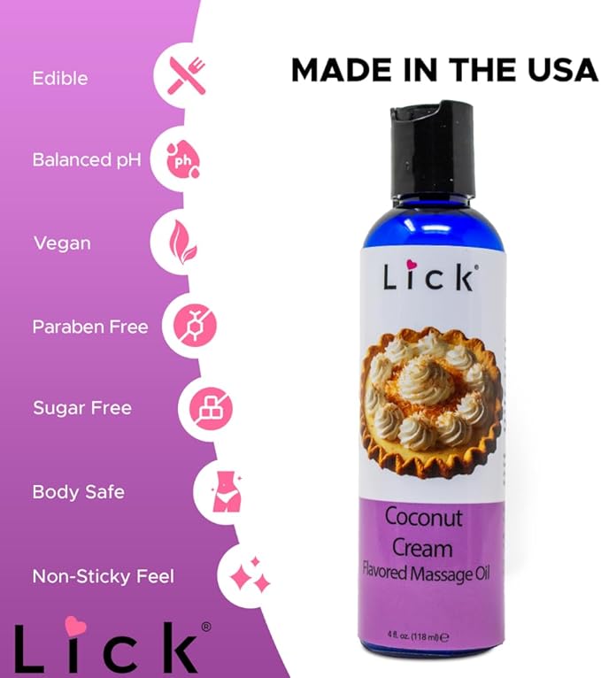Lick Coconut Cream Indulgence Flavored Massage Oil – Vegan-Friendly, Non-Sticky, Tropical Scent, 4 oz