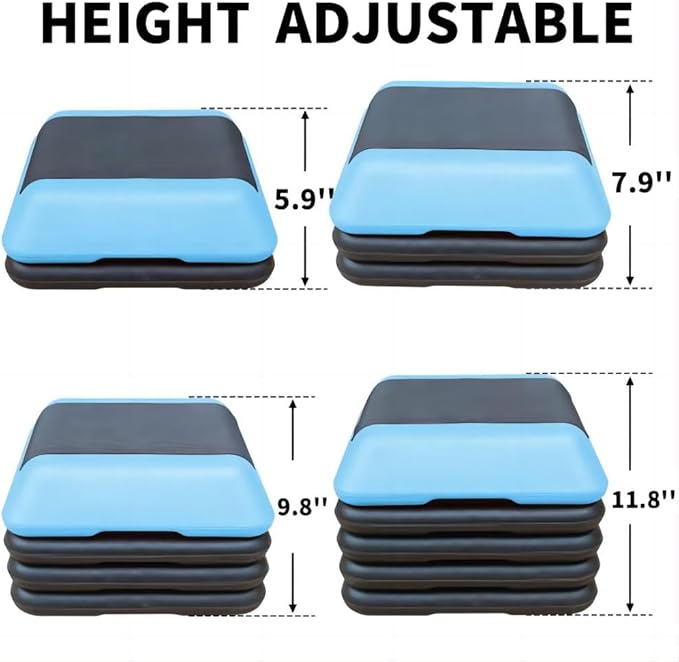 16"x16" High Step Aerobic Platform with 4 Risers, Height-Adjustable Step Aerobics Platform for Home Gym Exercise Fitness Workout Black+Blue