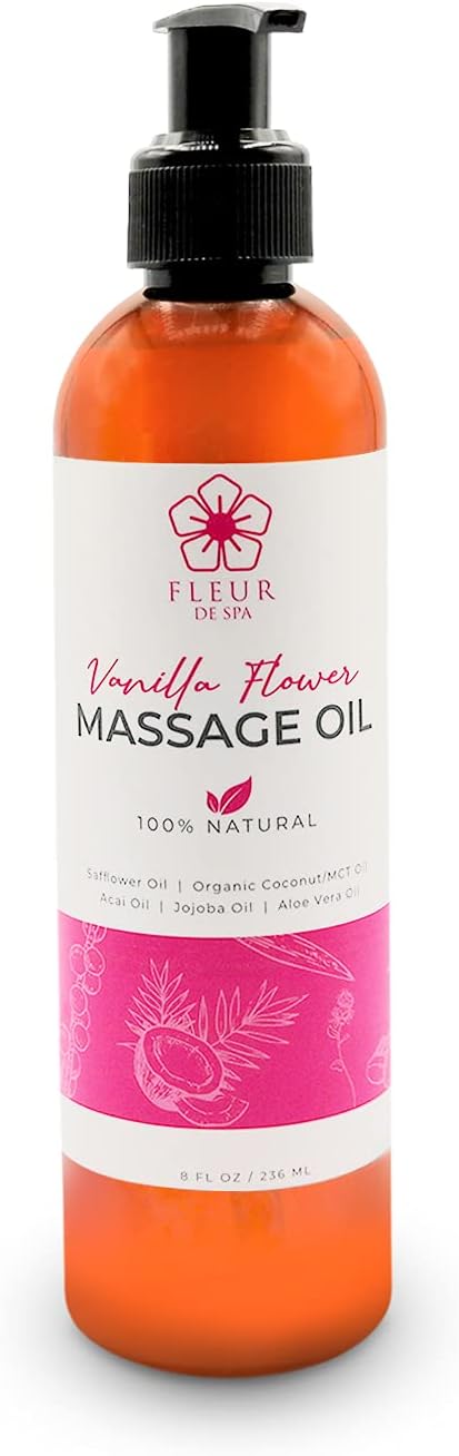 Massage Oil 8oz Pump by FLEUR DE SPA – Luxurious Therapeutic Body Oil – Made in USA – Safflower & Organic Coconut with Acai Berry – Soothes Sore Muscles, Relieves Stiffness, Anti-Cellulite