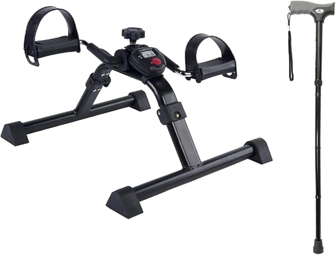 Vaunn Medical Under Desk Bike Pedal Exerciser with Electronic Display and Vaunn Medical Easy Grip™ Height Adjustable Folding Cane/Walking Stick Bundle