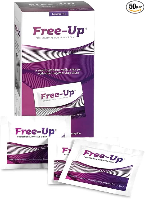 Free-Up-Professional Massage Cream, Fragrance-Free, Great Glide, Lubricity, Tissue Perception, Perfect for Physical Therapy, Massage Versatile, Non-Greasy, Dispenser Box, 50/7gm Packets