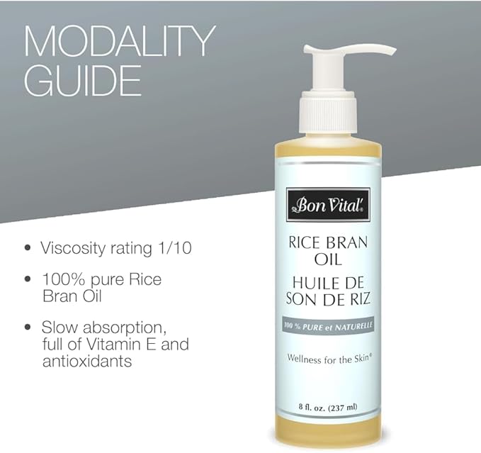 Bon Vital' Rice Bran Oil, 100% Pure and Cold Pressed Carrier Oils for Diffusers, Professional Massage Oil, Best Beauty Secret for Soft & Smooth Skin, Moisturizer & Sore Muscle Relief, 8 Ounce Bottle