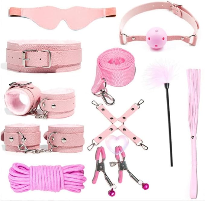 Fashion 10 Piece Leather Pilates Indoor Training Set, New Eye Mask for Fun Wrist and Hip Exercises Cosplay Accessories [Pink], Couple Gift