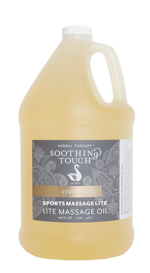 Soothing Touch Sports Massage Lite Oil, 1 Gallon, Deep Penetration, Quick Absorption, Peppermint, Eucalyptus, Clove, Relieve Tension and Muscle Pain, Leaves No Residue, Soft, Moisturized Skin