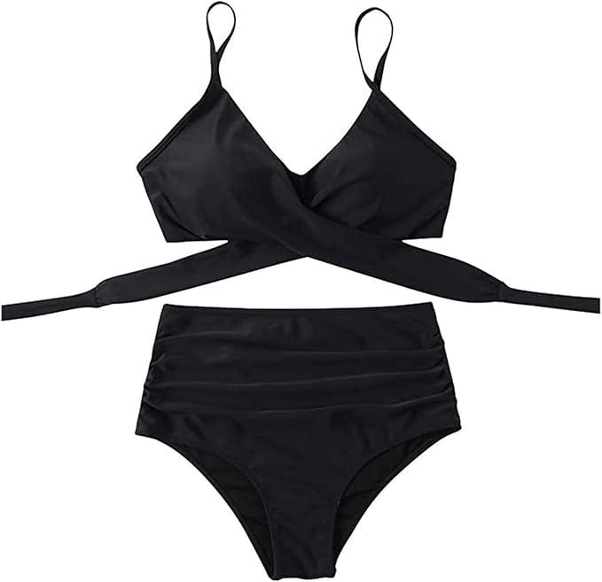 Womens Front Cross Ruched Bikini Set Twist Wrap Swimwear High Waisted Bottoms Print Straps Push Up Swimsuits