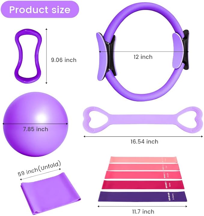 Complete Home Pilates Essentials Kit for Women - 13-Piece Pink Magic Circle Set with Resistance Bands, Yoga Ball, Stretch Strap & Gym Bag