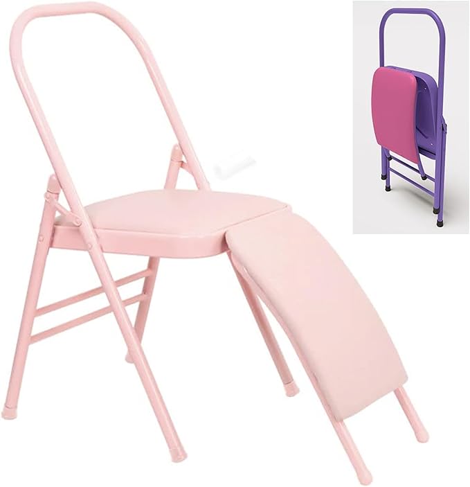 Foldable Yoga Auxiliary Chair for Adults Yoga Chair with Lumbar Support Metal Steel Frame 330 lbs Capacity YogaAuxiliaryChair for Balance Handstand Training Back Pain Relieving(Pink)