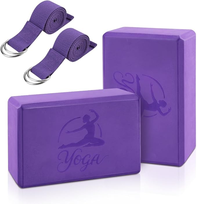 2 Yoga Block and 2 Yoga Strap Set,Non-slip EVA Foam Blocks, High Density Yoga Bricks with 6ft Strap, Supportive Latex-Free Yoga Block Accessories for Pilates
