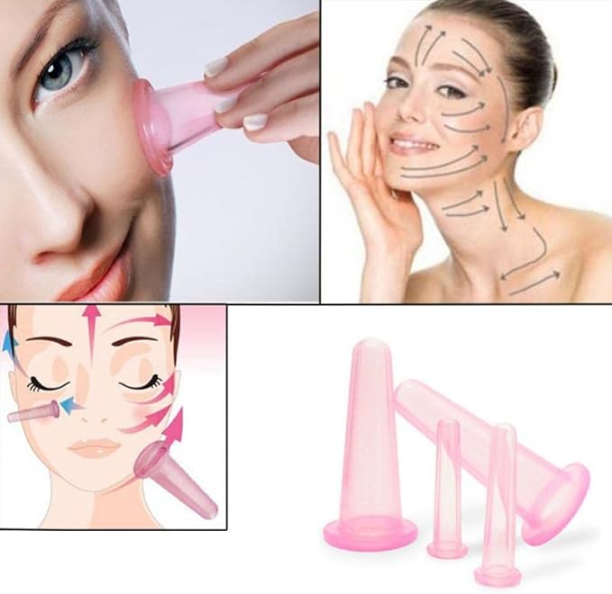 4Pcs Silicone Facial Cupping Therapy Set Mini Facial Cups Manual Body Face Massage Tool Don't Worry About Burns Health Care Products (2 Small + 2 Large) (Pink)