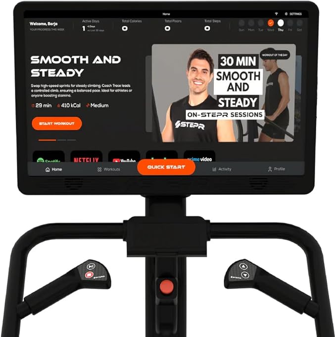 STEPR+ Stair Master with 27" Touchscreen, Commercial Grade Stairmaster Machine for Home, 140 Steps/Min, Bluetooth & WiFi Stepper Machine, Resistance Band Attachments, Mobile App, 375 lb Capacity